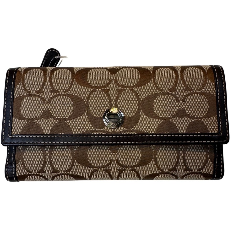 Coach Signature Jacquard Trifold Wallet Brown Leather Trim with Checkbook Cover